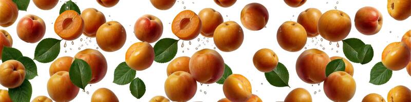 A seamless pattern of apricots with leaves on a transparent background, great for designs about fruits, natural foods, and ingredients like Rangpur, Clementine, Valencia orange, and Tangerine photo