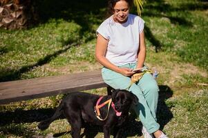 Woman sitting on bench with black dog on a sunny day in a park photo