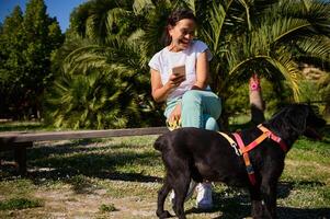 Woman enjoying a sunny day in the park with her dog while using a smartphone photo
