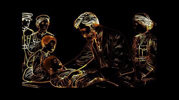 Glowing looping World Red Cross Day Henry Dunant helping war victims. neon frame effect, black background. video
