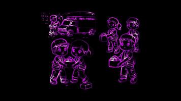 Glowing looping World Red Cross Day Red Cross volunteers helping during a disaster. neon frame effect, black background. video