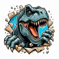 hand drawn t-rex roars out from torn paper illlustration vector