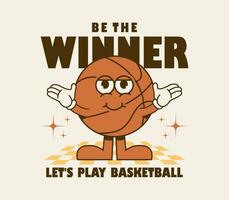 Funny and groovy cartoon character of basketball. Can be used as Sticker, posters, prints and t shirt design. Retro cartoon style. vector
