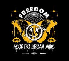 freedom slogan modern abstract poster butterfly with smile face In Y2K style, stylish print for streetwear, print for t-shirts and hoodies, isolated on black background vector