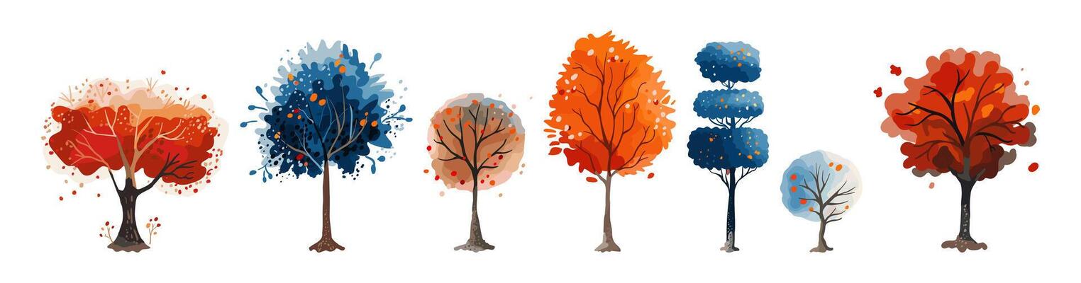 Set Autumn and winter watercolor trees. Hand drawn. illustration. Isolated