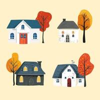 Set of a magical house with a tiled roof in a simple minimalist style, red leaves on a tree on a yellow backdrop. vector