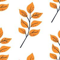 Seamless pattern. Simple Plant. Simple orange yellow leaves on a branch. White background. Ornament in Scandinavian style. Hand drown. illustration vector
