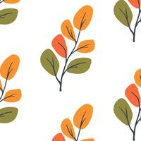 Seamless pattern. Simple Plant. Simple branch with yellow, green and orange leaves. White background. Decorative ornament in Scandinavian style. Hand drown. Flat vector