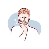 A young man with a beard has a severe toothache. A guy with bad teeth grabs his cheek. Acute pain. Pulpitis, caries. Hand drawn illustration in sketch style. vector