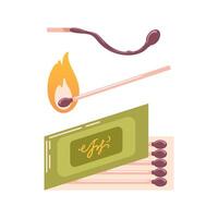 Matches. Set of illustrations burning match with fire, open matchbox, burnt match isolated on white. A simple symbol of combustion, burning and withering vector