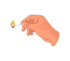 Burning match in hand. Combustion conceptual symbol. Hand drawn illustration in flat style. For sticker, poster, card, design element vector