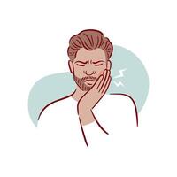 A young black man with a beard has a severe toothache. A guy with bad teeth grabs his cheek. Acute pain. Pulpitis, caries. Hand drawn illustration in sketch style. vector