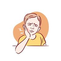 A little boy with a beard has a severe toothache. A guy with bad teeth grabs his cheek. Acute pain. Pulpitis, caries. Hand drawn illustration in sketch style. vector