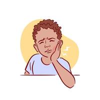A little black boy with a beard has a severe toothache. A guy with bad teeth grabs his cheek. Acute pain. Pulpitis, caries. Hand drawn illustration in sketch style. vector