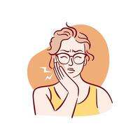 Young woman having painful toothache. A girl in glasses with bad teeth clutches her cheek. Increased sensitivity. Hand drawn illustration in sketch style. vector