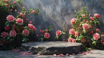 Empty podium with pink flowers photo