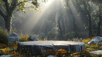 Wooden table in the garden with sunbeam and flower background. photo