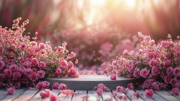 Empty podium with pink flowers photo
