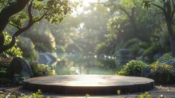 Empty stone table top in the garden photo