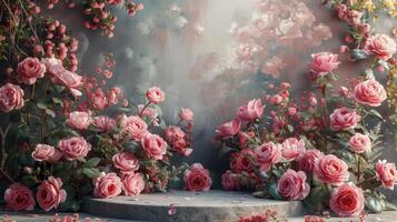 Empty podium with pink flowers photo