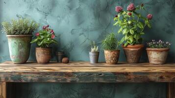 Flowers in pots on wooden shelf in front of turquoise wall photo