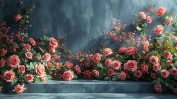 roses on blue wall background for product display. photo