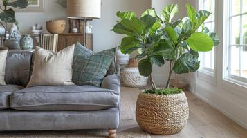 A Green Plant in a Wicker Basket on a Cozy Couch photo
