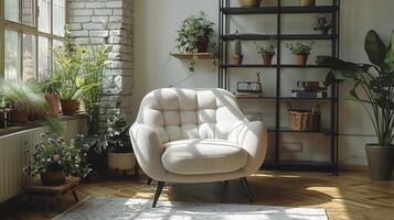 cozy living room with a comfortable chair, plants, and a carpet on the floor photo