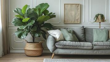 Living room interior with sofa, pillows and plants photo