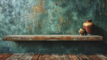Vintage vase on shelf against grunge wall. Vintage background photo