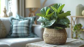 A Green Plant in a Wicker Basket on a Cozy Couch photo