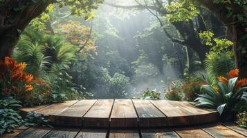 Wooden table in the garden with sun light flare photo