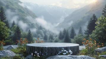 Empty stone table in front of beautiful mountain landscape with fog and flowers photo