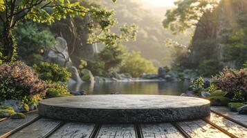 Empty round marble table podium in the garden with green nature background for product display photo