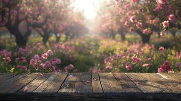 Wooden table in front of blooming peach garden. Blurred background photo
