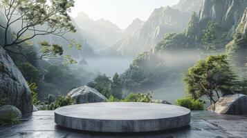Wooden platform in the garden with fog and mountain background. photo