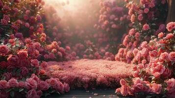 Empty podium with pink flowers photo
