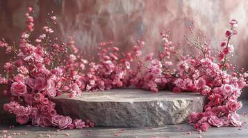Beautiful pink flowers and stone podium for product presentation photo