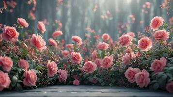 empty wooden space with pink flowers photo