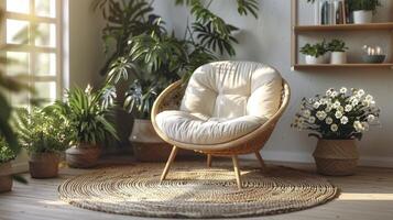 cozy living room with a comfortable chair, plants, and a carpet on the floor photo