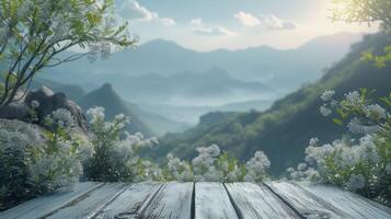 Wooden table in front of nature background with beautiful flowers and mountain photo
