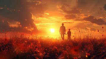 Silhouette of father and son walking on the meadow at sunset photo