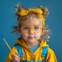 Portrait of a cute little girl in a yellow raincoat and glasses with a pencil. photo