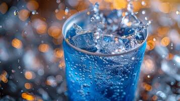 ice cubes splashing into a glass of water on a dark background photo