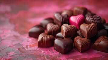 Chocolate hearts on pink background, closeup. photo