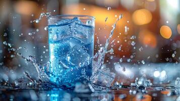 ice cubes splashing into a glass of water on a dark background photo