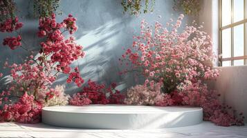 Empty podium with pink flowers photo