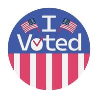 I Voted round sticker with USA flags and white stripes on red background. Vote icon, sticker, badge or sign. Voting, presidential campaign concept. American election design element vector
