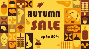 Autumn sale high contrast abstract horizontal banner in geometric style. Vacation elements in simple geometric shapes, flat style. Good for advertisement and marketing vector