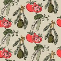 Boho style seamless pattern with outline drawing of organic vegetables. Tomatoes, green peas and avocado branch drawings. Vegan food concept on light green background. vector